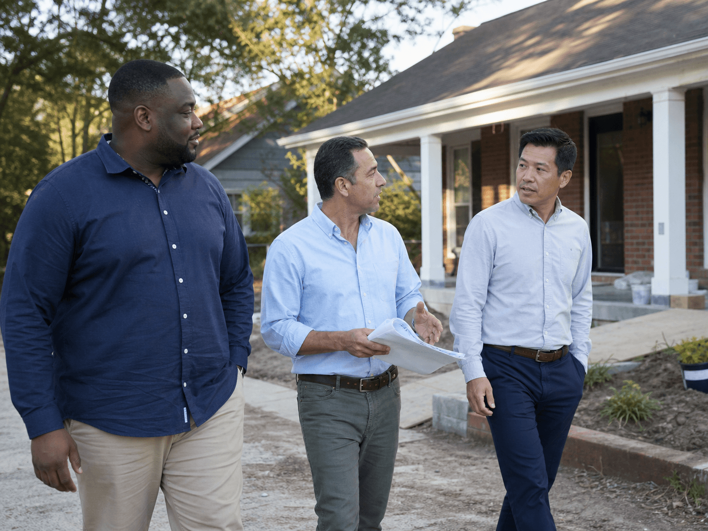 Real estate professionals walking through an outdoor residential renovation project